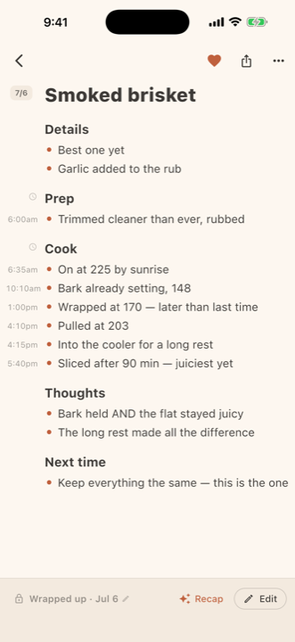 A smoked brisket note with a timestamped timeline of what happened during the cook