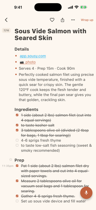 An imported recipe turned into a cook note with checkable ingredients and steps