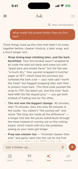 An Ask answer explaining what made a brisket better, citing the cook's own notes